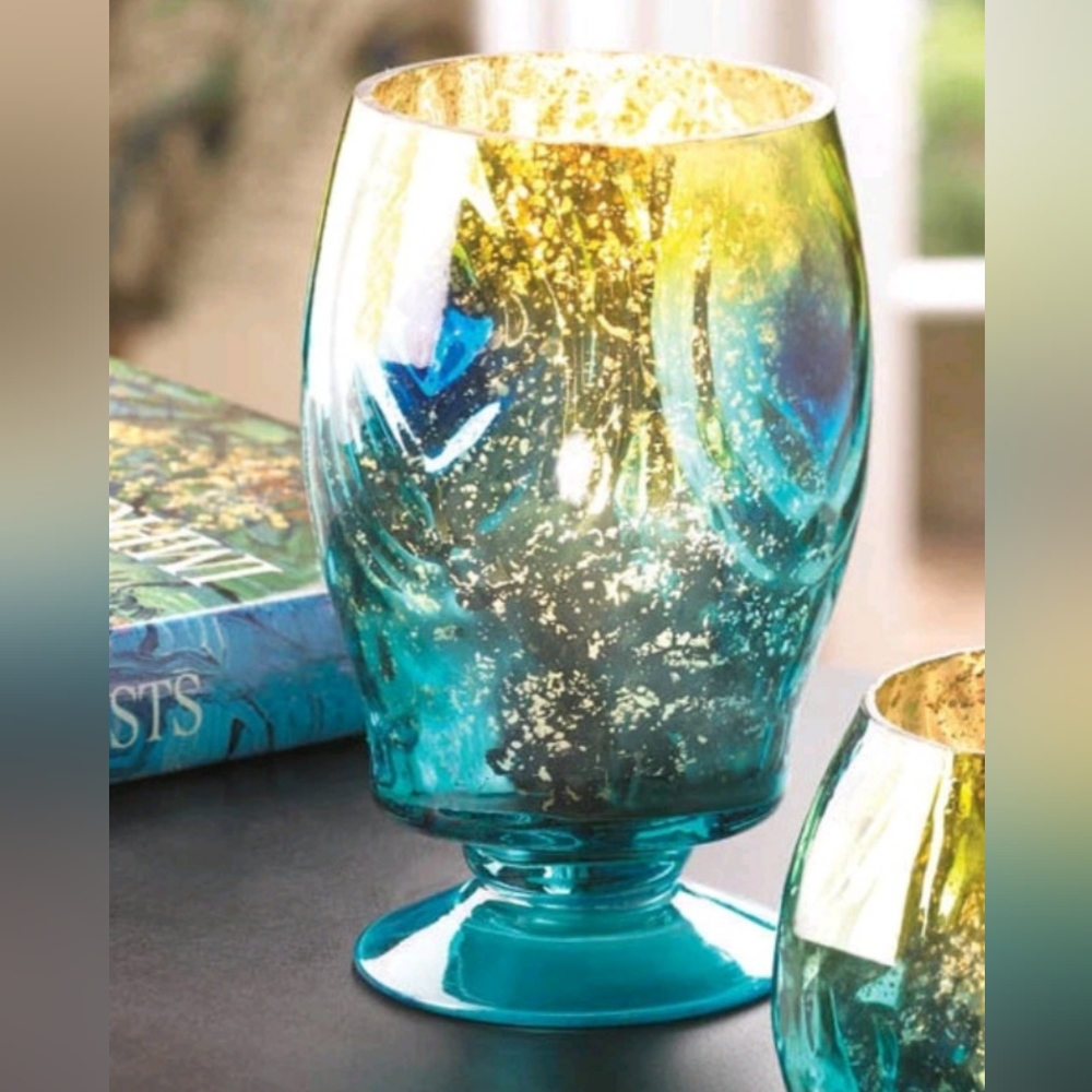 Teal Blue & Yellow Mercury Glass Peacock Candle Holder Vase